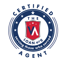 Certified VA Loan Agent badge with text and logo in red, white, and blue.