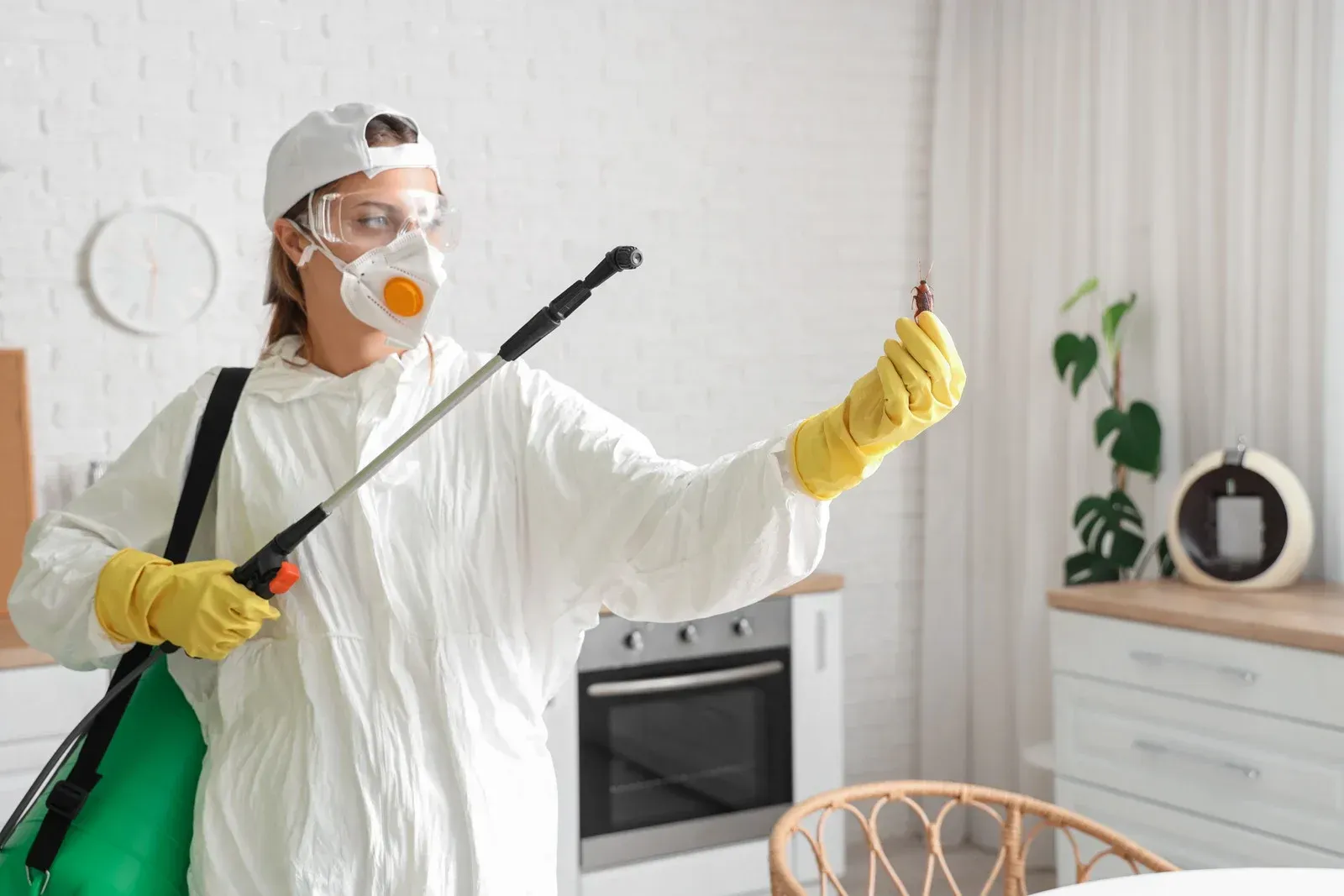 Pest control worker in protective gear inspecting a bug in a kitchen.