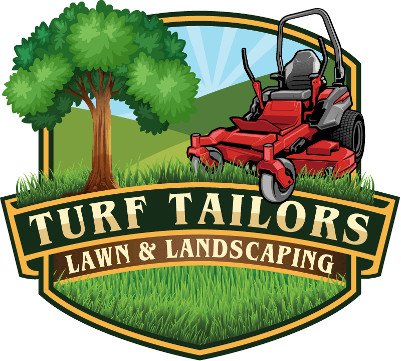 Turf Tailors lawn and landscaping logo with a tree, green grass, and red riding mower
