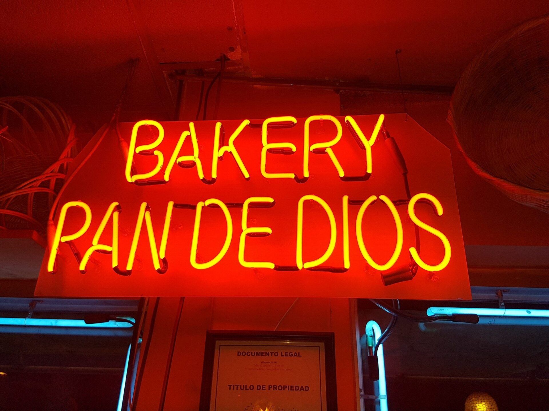 A neon sign that says bakery pan de dios