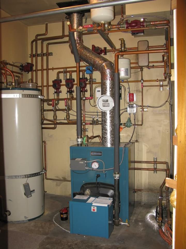A room with a blue boiler and a white water heater