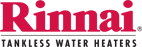 The logo for rinnai tankless water heaters is red and white.