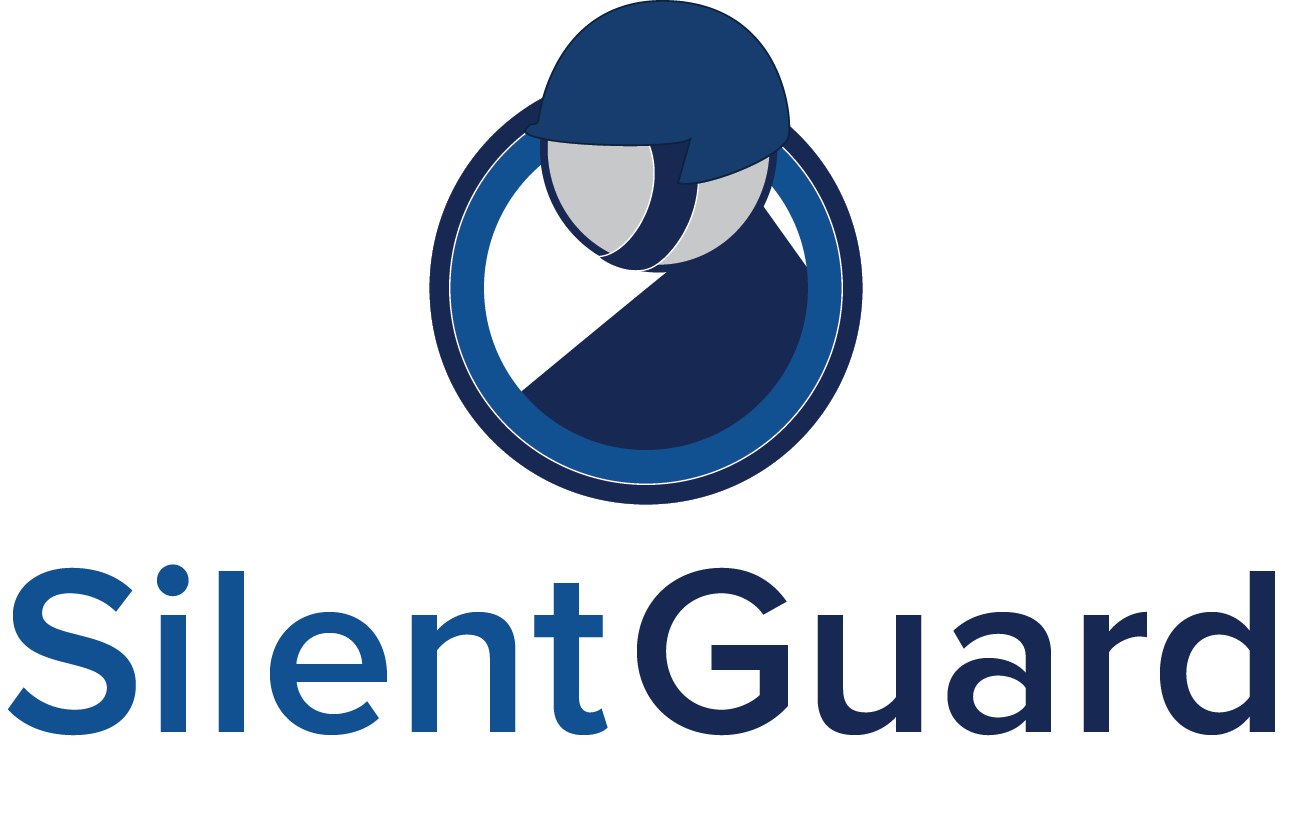 A blue logo for silent guard with a helmet and stars