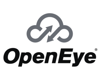 The OpenEye logo, featuring a dark gray stylized cloud icon with two opposing arrows above the black text 