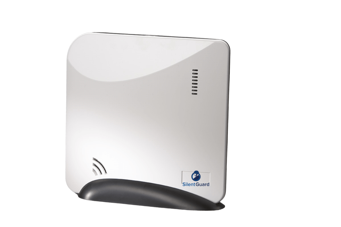 A white box with a blue logo on it