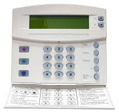 A white security system with a green screen and buttons on a white background.