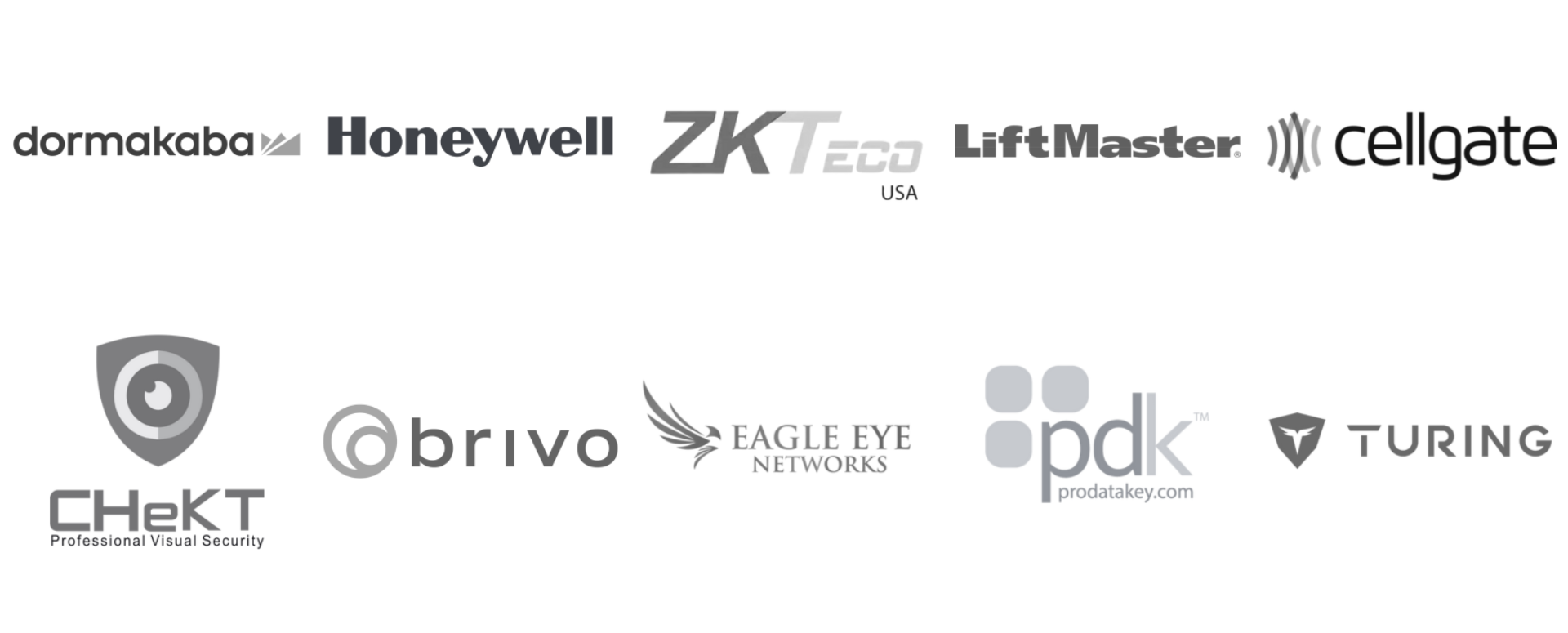 A grid of security and access control brand logos, including Honeywell, Brivo, PDK, and Turing.