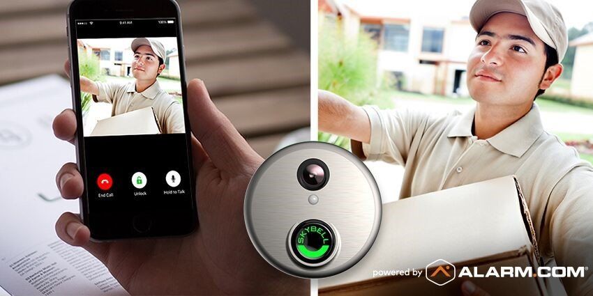 A person is holding a cell phone with a picture of a delivery man on it.