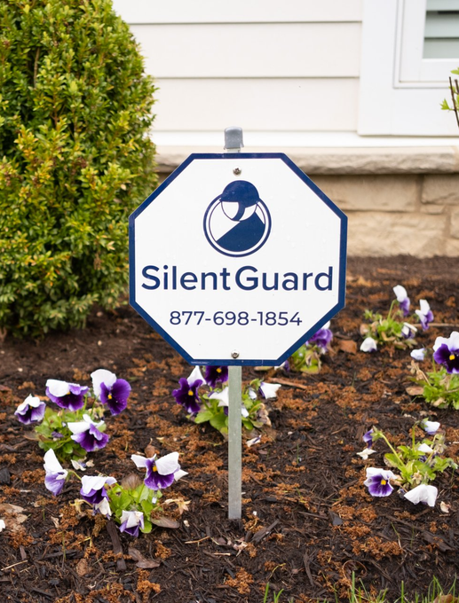 A sign in a garden that says silent guard on it