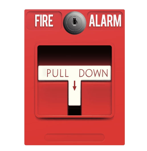 A red fire alarm with a pull down button