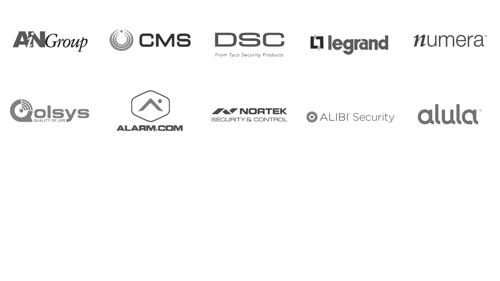 A collection of ten logos for various security and technology companies, including Alarm.com, DSC, and Legrand.