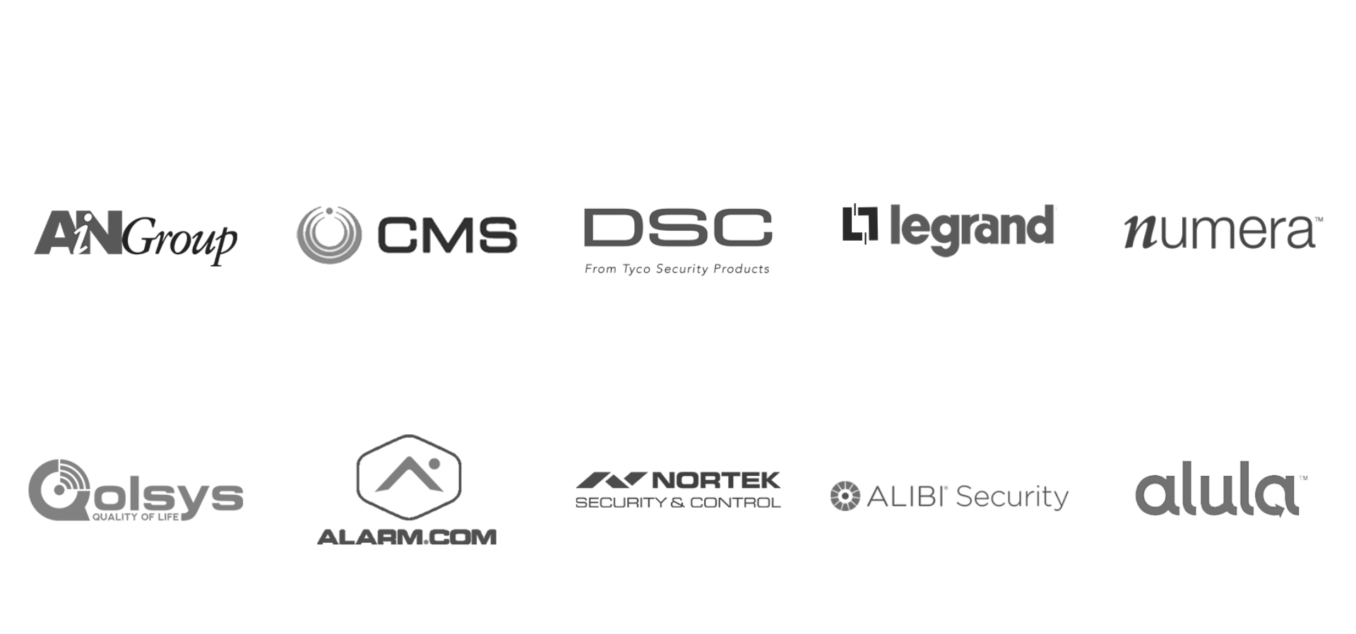 A grid of ten security and technology company logos, including Alarm.com, DSC, Qolsys, and Legrand, on a white background.