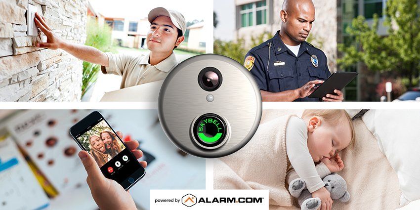 A collage of pictures of people using a security camera.