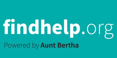 Findhelp.org logo on a teal background, powered by Aunt Bertha. White text.