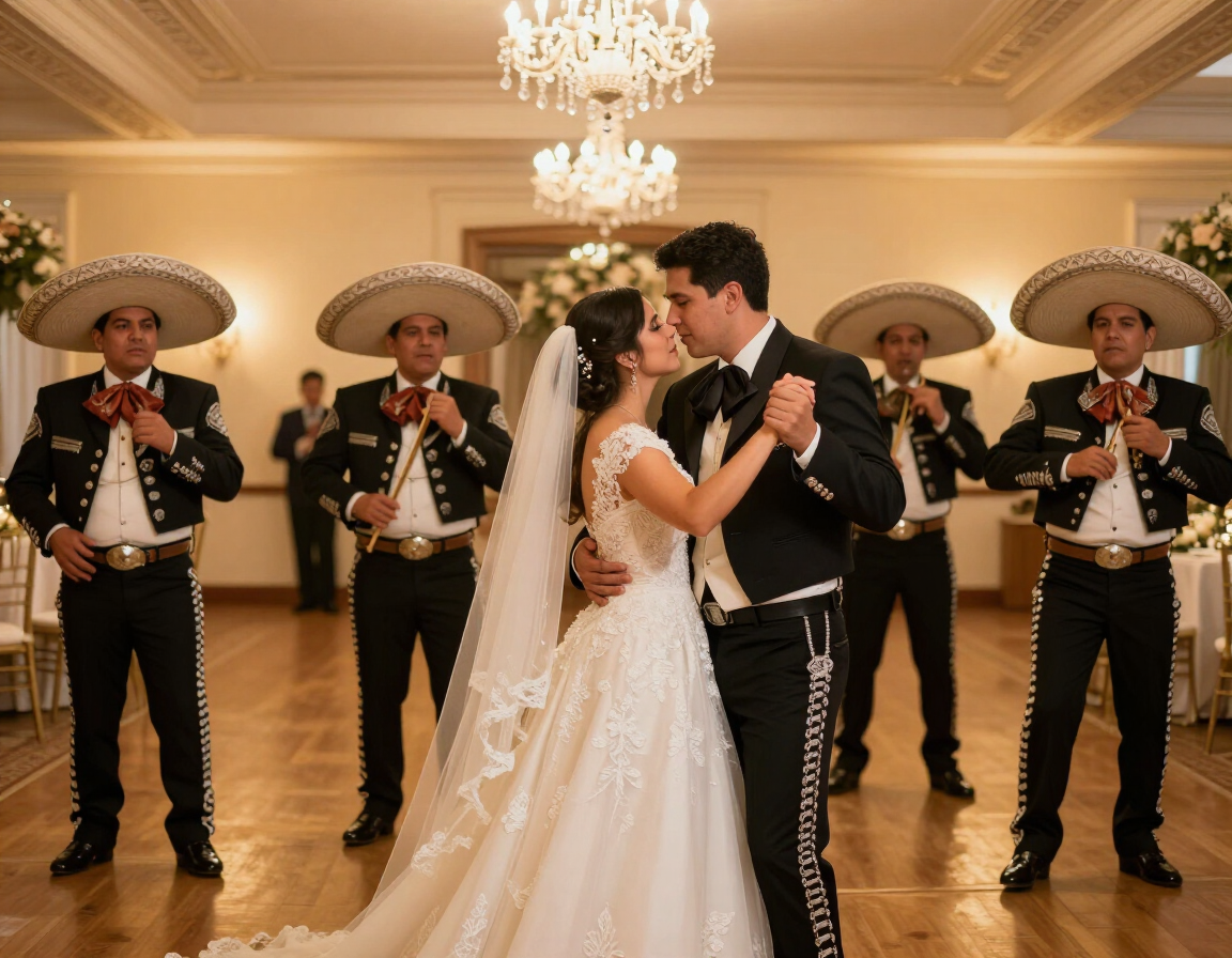 Mariachi en boda con pareja bailando