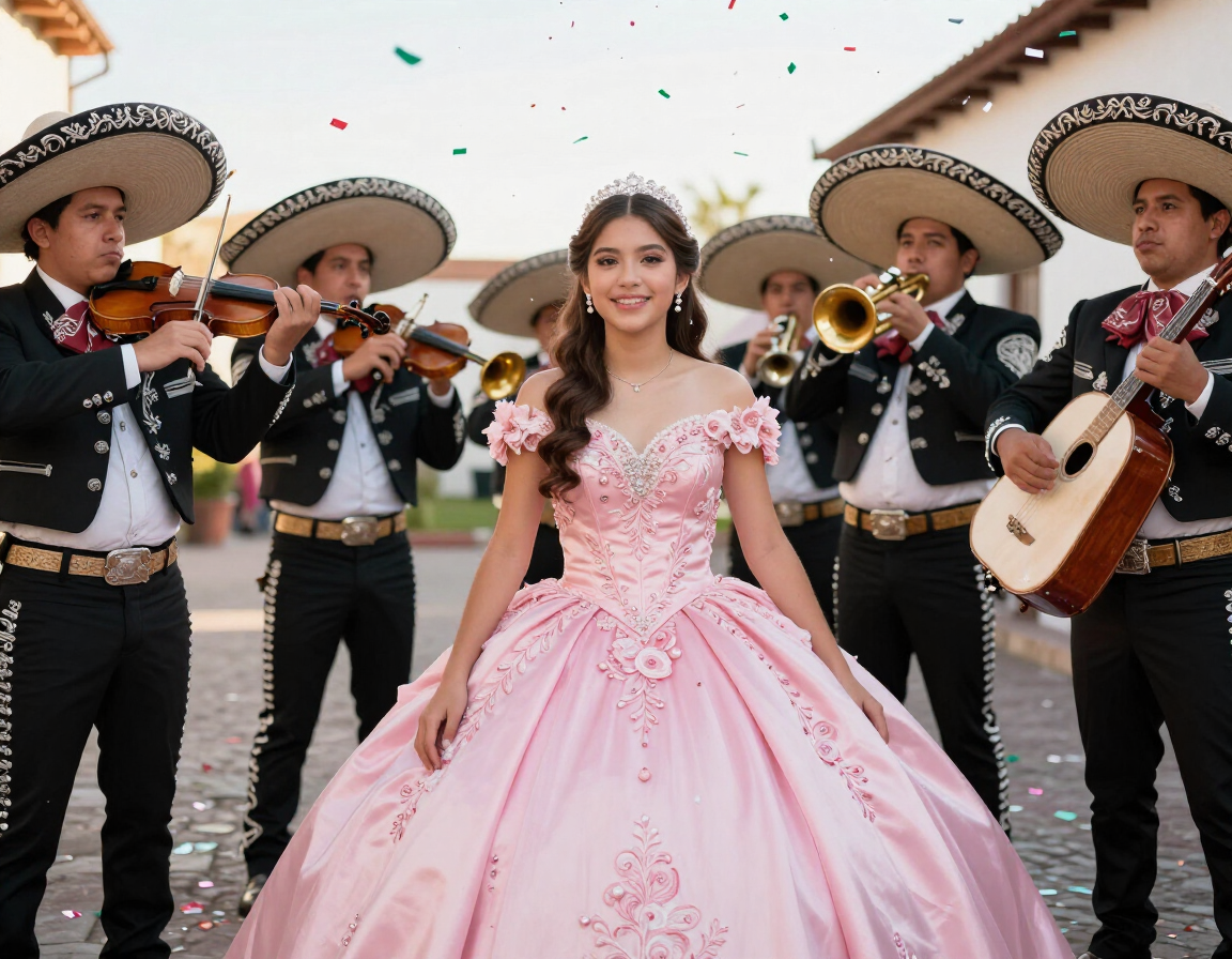 Quincea&ntilde;era rodeada del mariachi con confetti