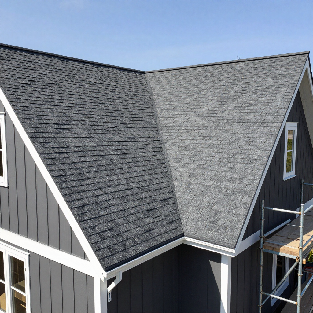 Gray shingled roof on a house with a steep gable and scaffolding at the edge