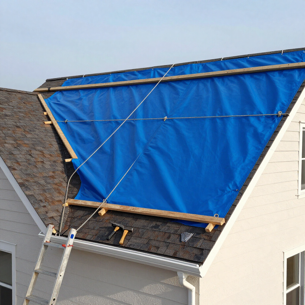 Blue tarp covering a roof under repair with ladders and tools on a house