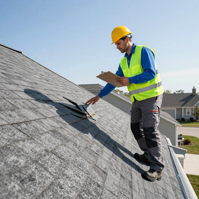 Construction worker inspecting solar panels on a sloped rooftop with a clipboard