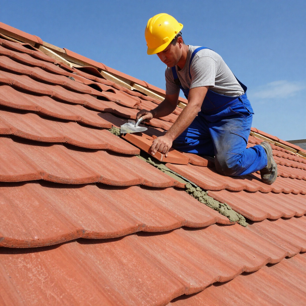 Worker in a yellow hard hat repairing a red-tiled roof under a blue sky