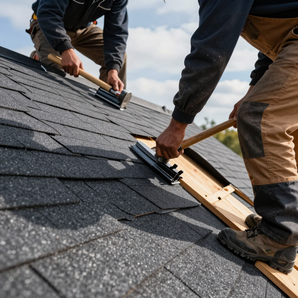 Roofers installing dark gray shingles on a sloped roof using tools and a wooden plank