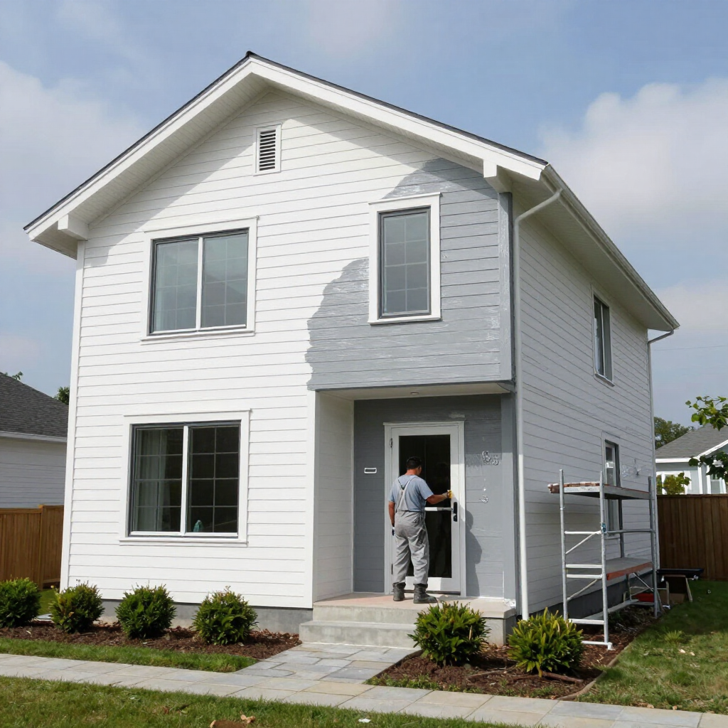 New white two-story house with a worker standing at the front door and scaffolding on the right