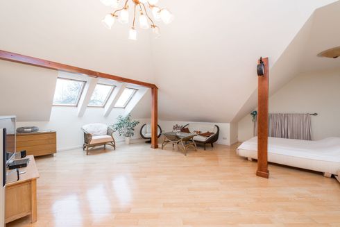 Bright attic bedroom with skylights, wooden floor, desk, dining table, and a bed