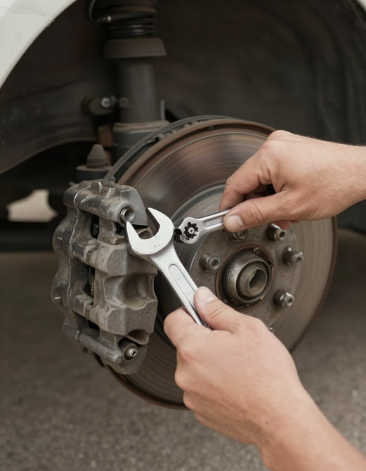 Close-up of hands using a socket wrench on a brake caliper at a roadside repair