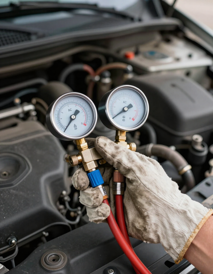 Mechanic checking AC refrigerant gauges on a car engine