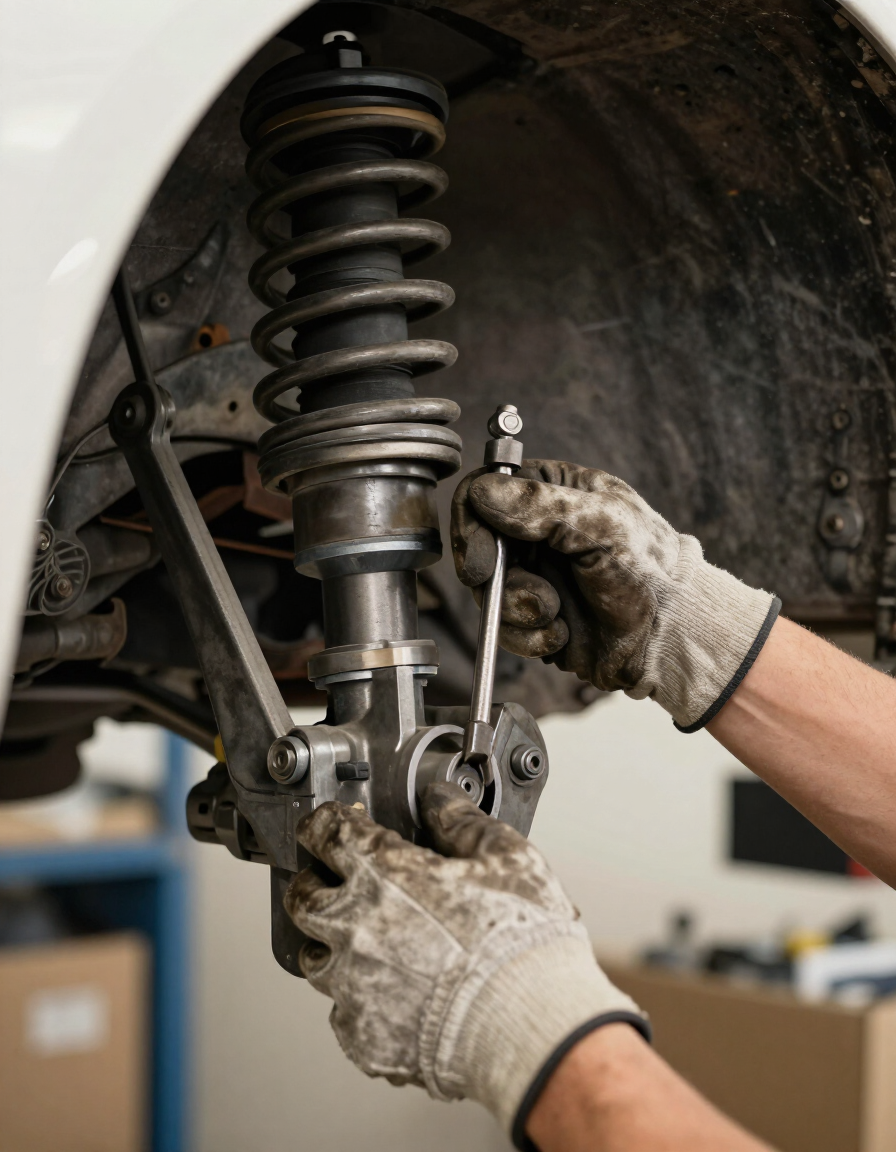 Mechanic's hands using a strut tool on a vehicle suspension component