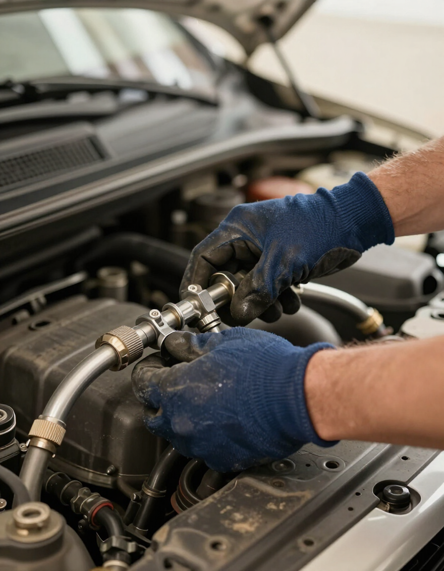 Mechanic's hands working on a fuel line under an open hood
