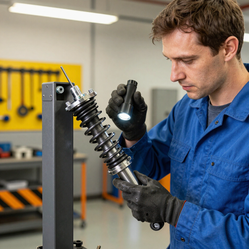 Mechanic inspecting a strut assembly under a raised vehicle in a Nashville driveway