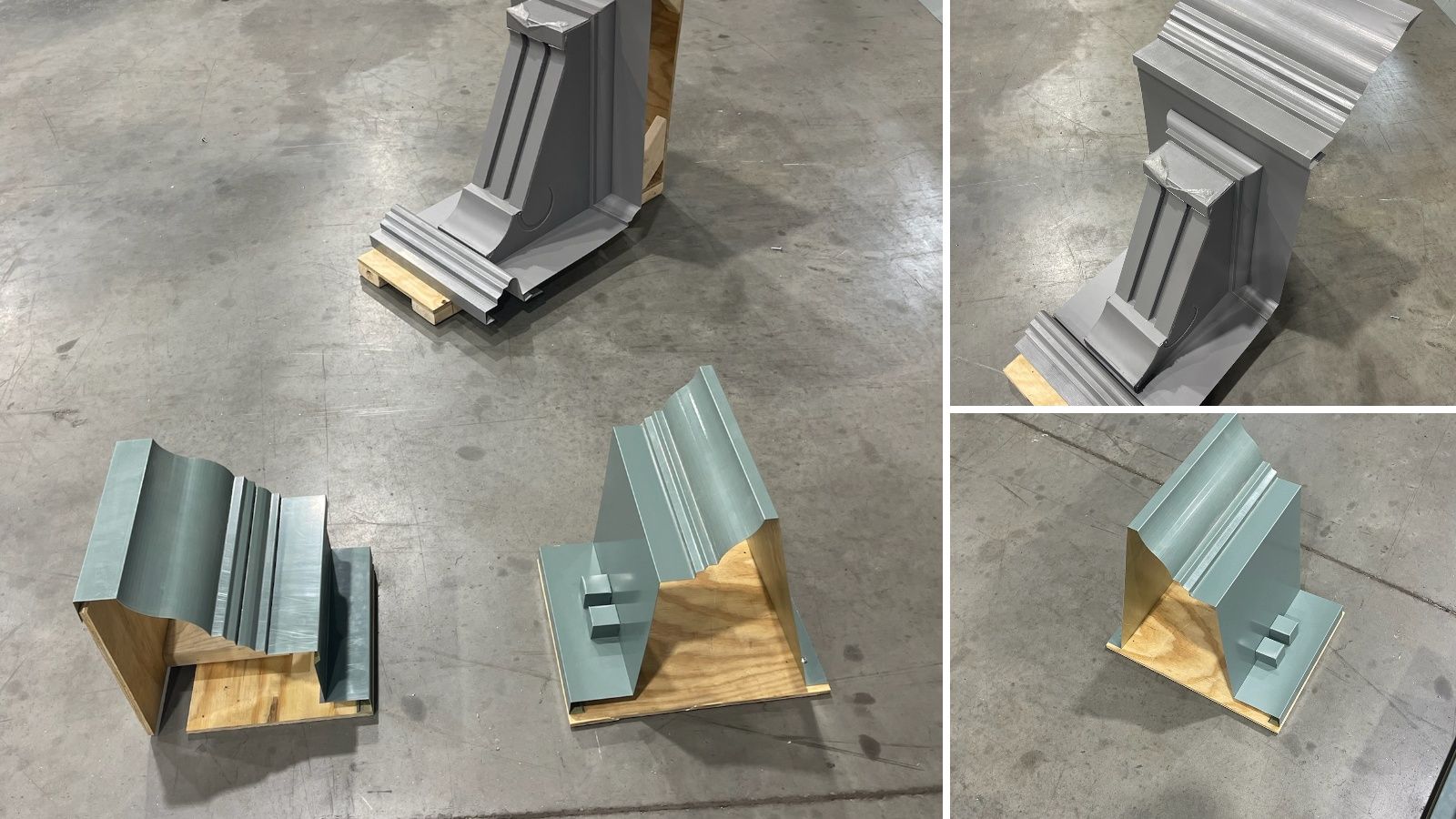 Three-view composition of complex formed assemblies in a fabrication-shop setting, including an overview and two close views.