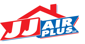 JJ Air Plus LLC logo: Red and blue stylized text with a red house icon on top.