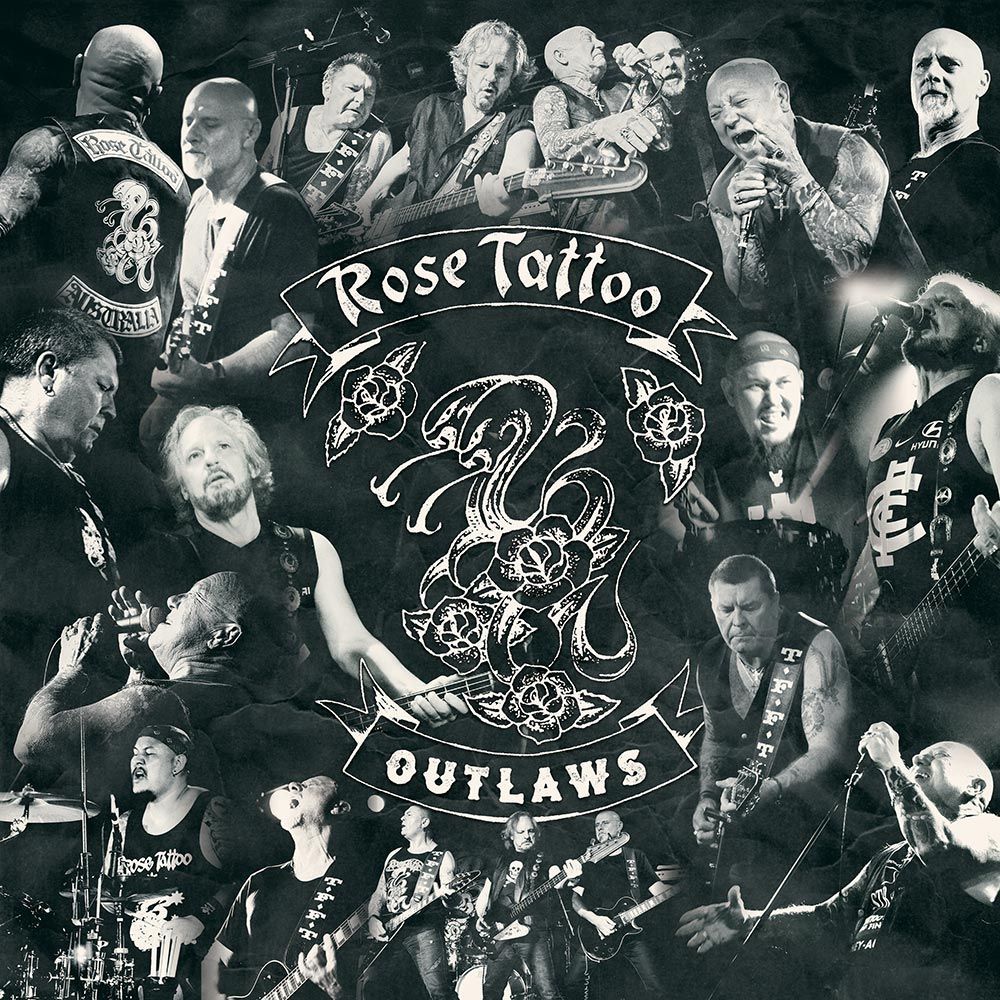 A black and white photo of a band called rose tattoo outlaws
