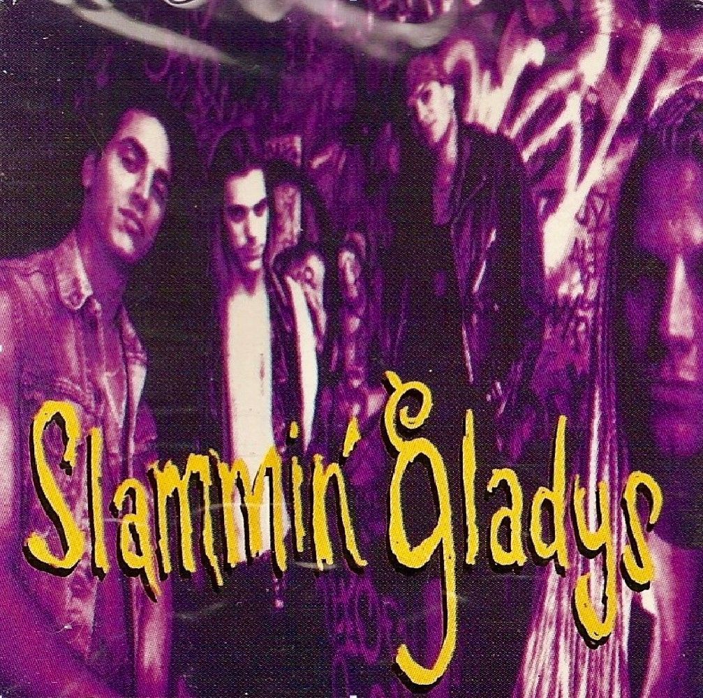 A poster for slammin ' gladys with a purple background