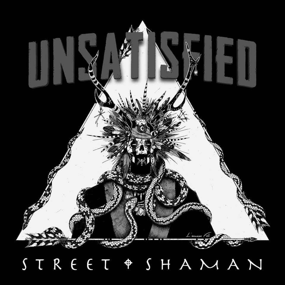 A black and white poster with the word unsatisfied on it