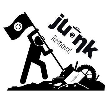 Stick figure raising a flag over a pile of junk, with