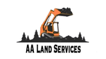 AA Land Services logo with an orange excavator carrying soil above black tree silhouettes
