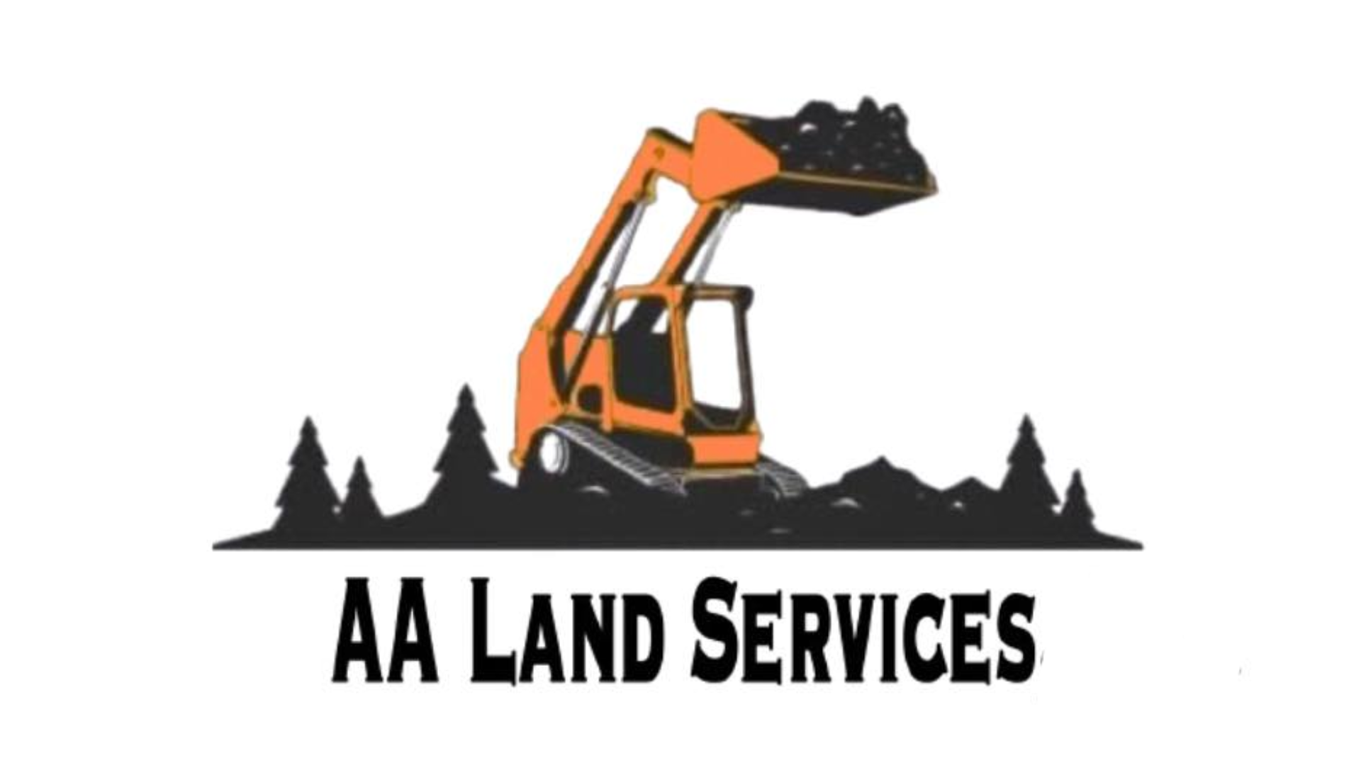 AA Land Services logo with an orange excavator carrying soil above black tree silhouettes
