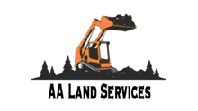AA Land Services logo with an orange excavator carrying soil above black tree silhouettes