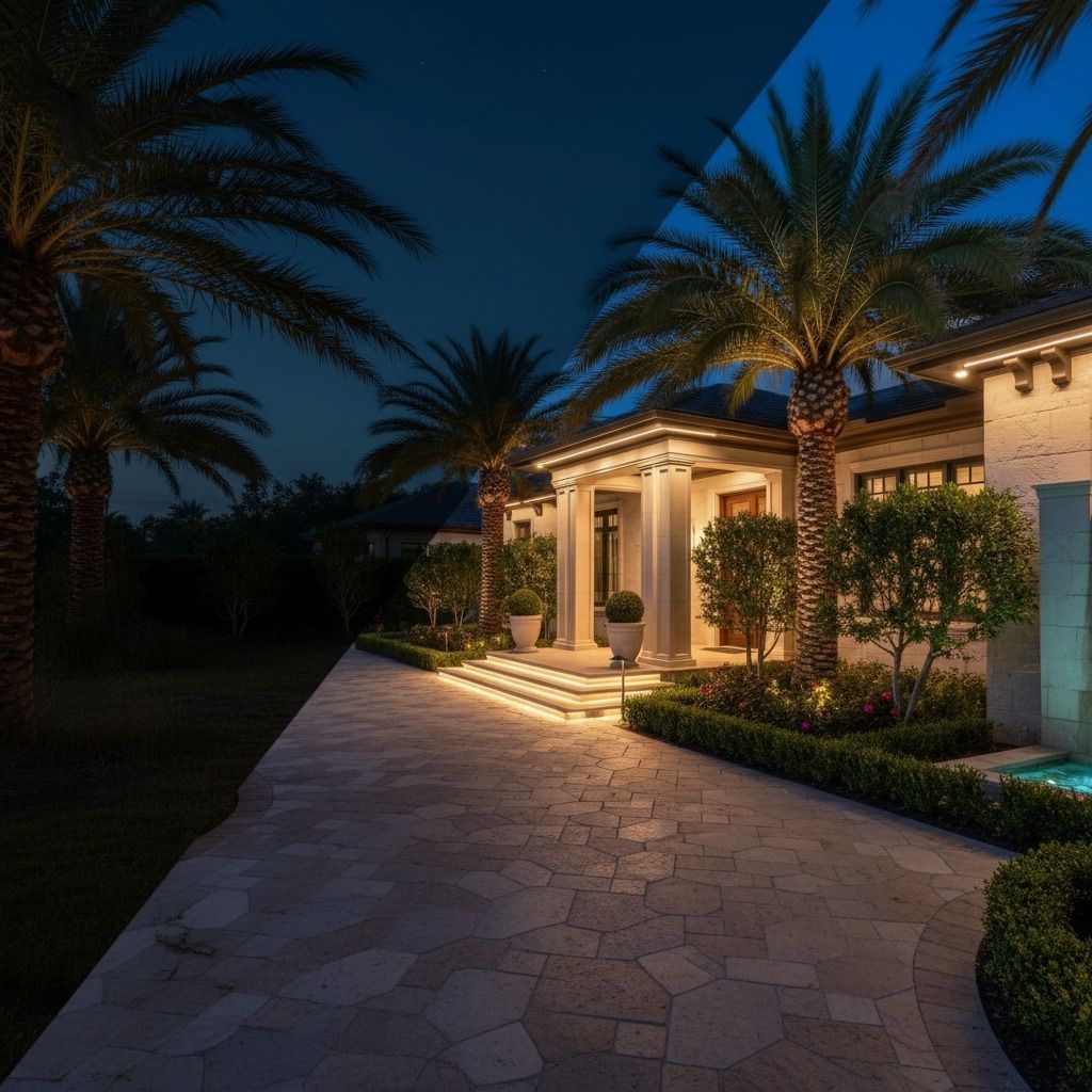 Exterior residential low voltage landscape lighting displaying LED step lights, palm tree uplighting, and entryway fixtures in Jupiter FL