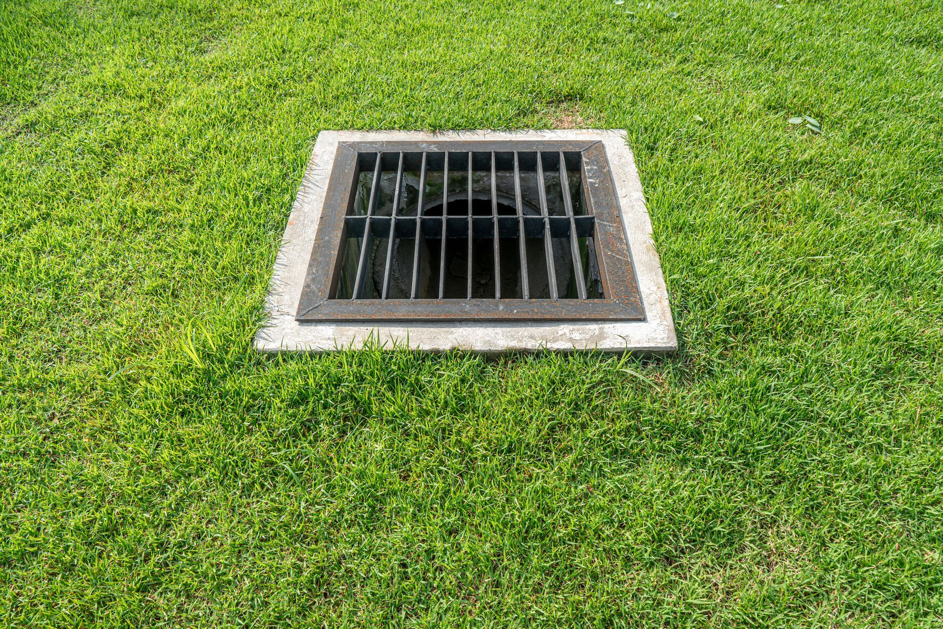 Square metal drain grate in a green grassy lawn