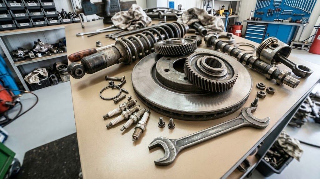 Various auto parts on a table