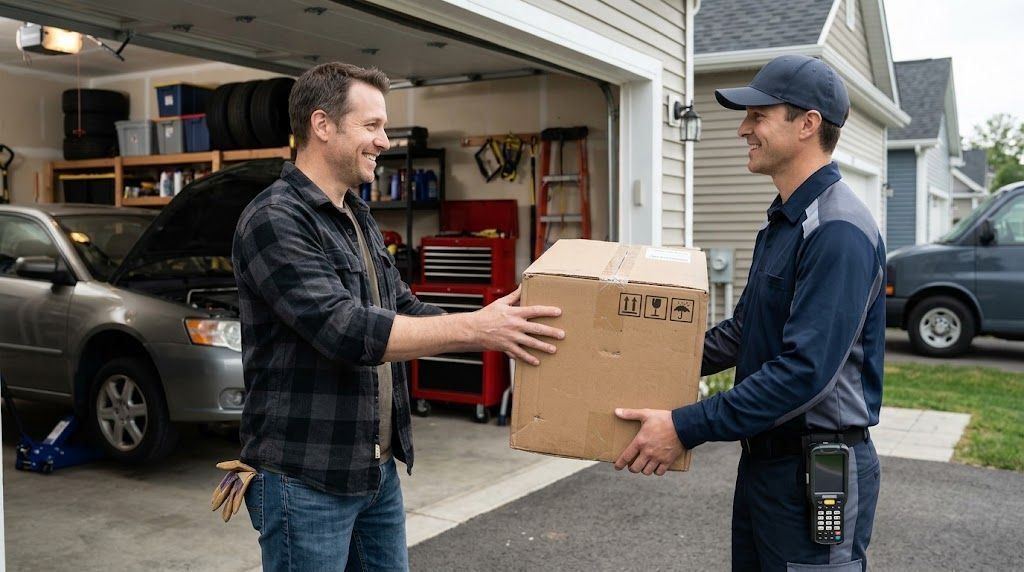 Customer receiving auto parts delivery