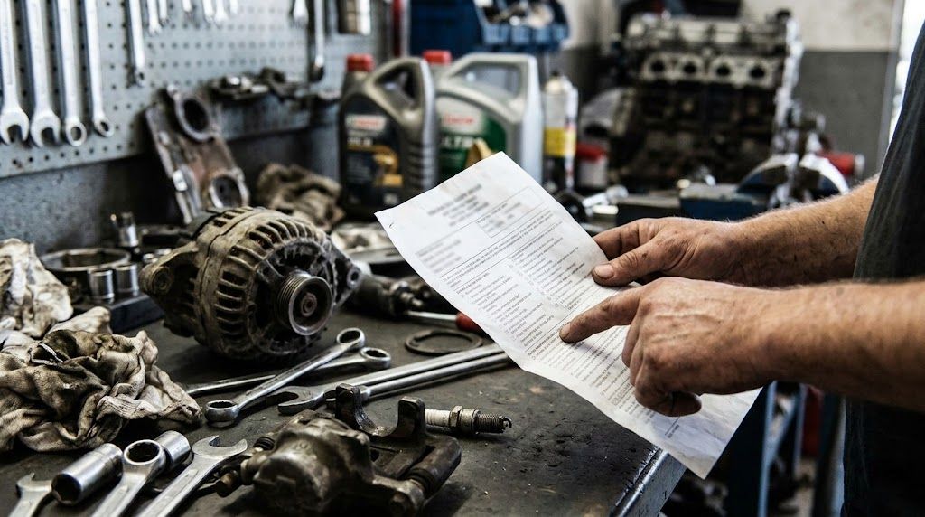 Person reviewing warranty document for auto parts