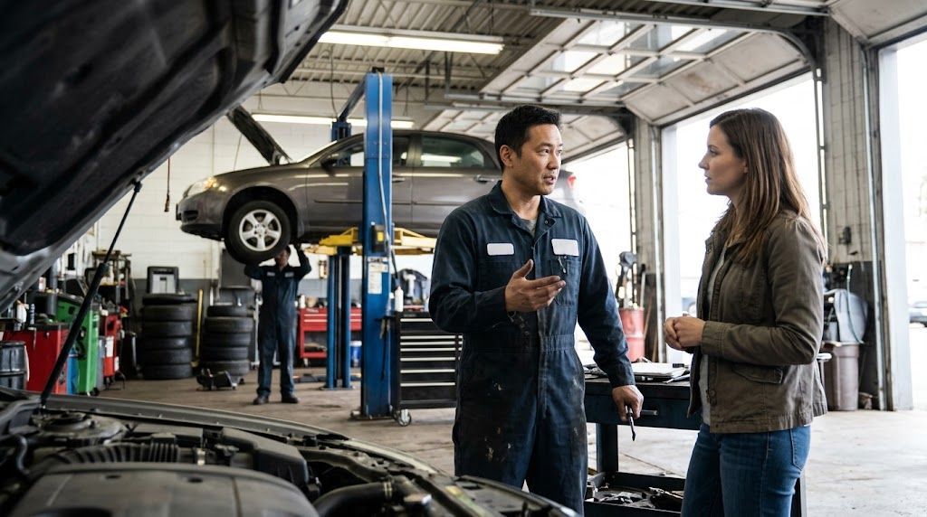 Mechanic advising customer in workshop