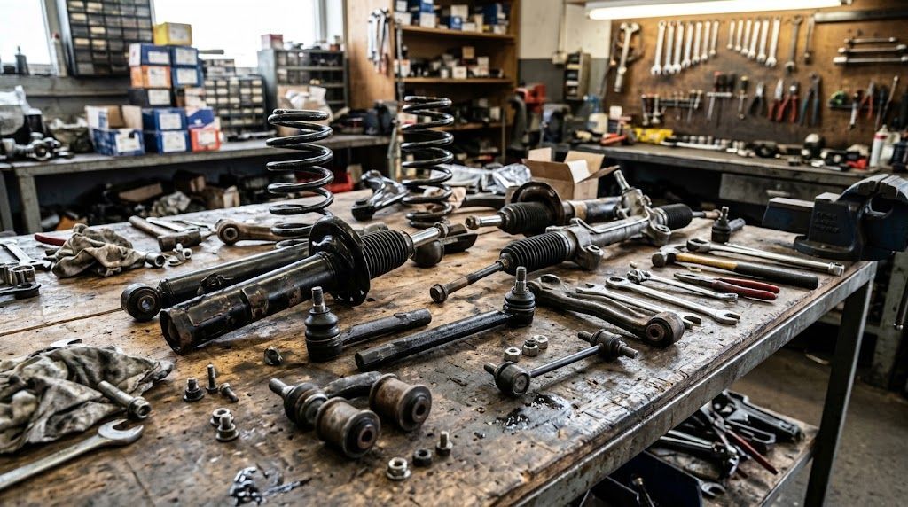 Steering and suspension parts on a table