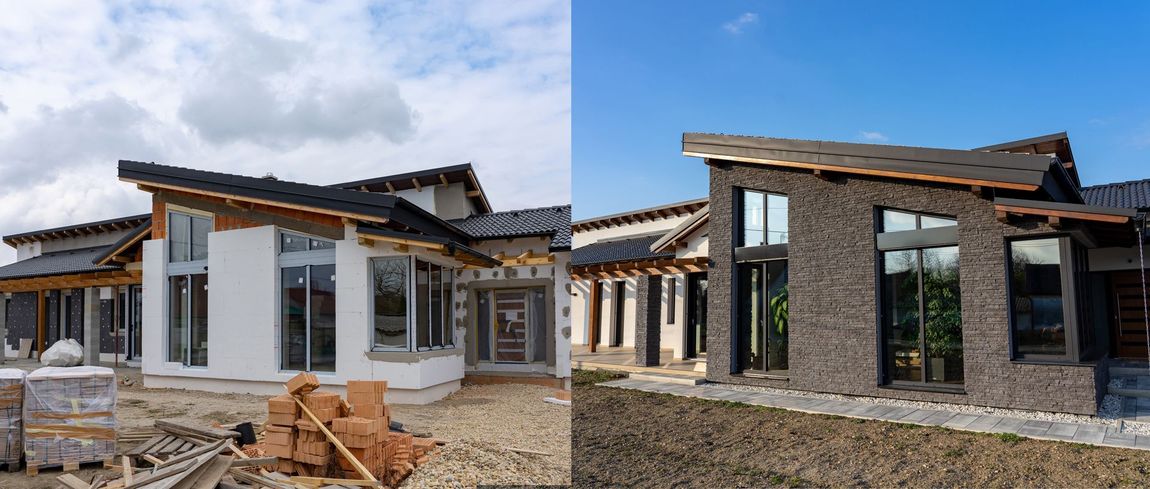 A before and after picture of a house under construction.
