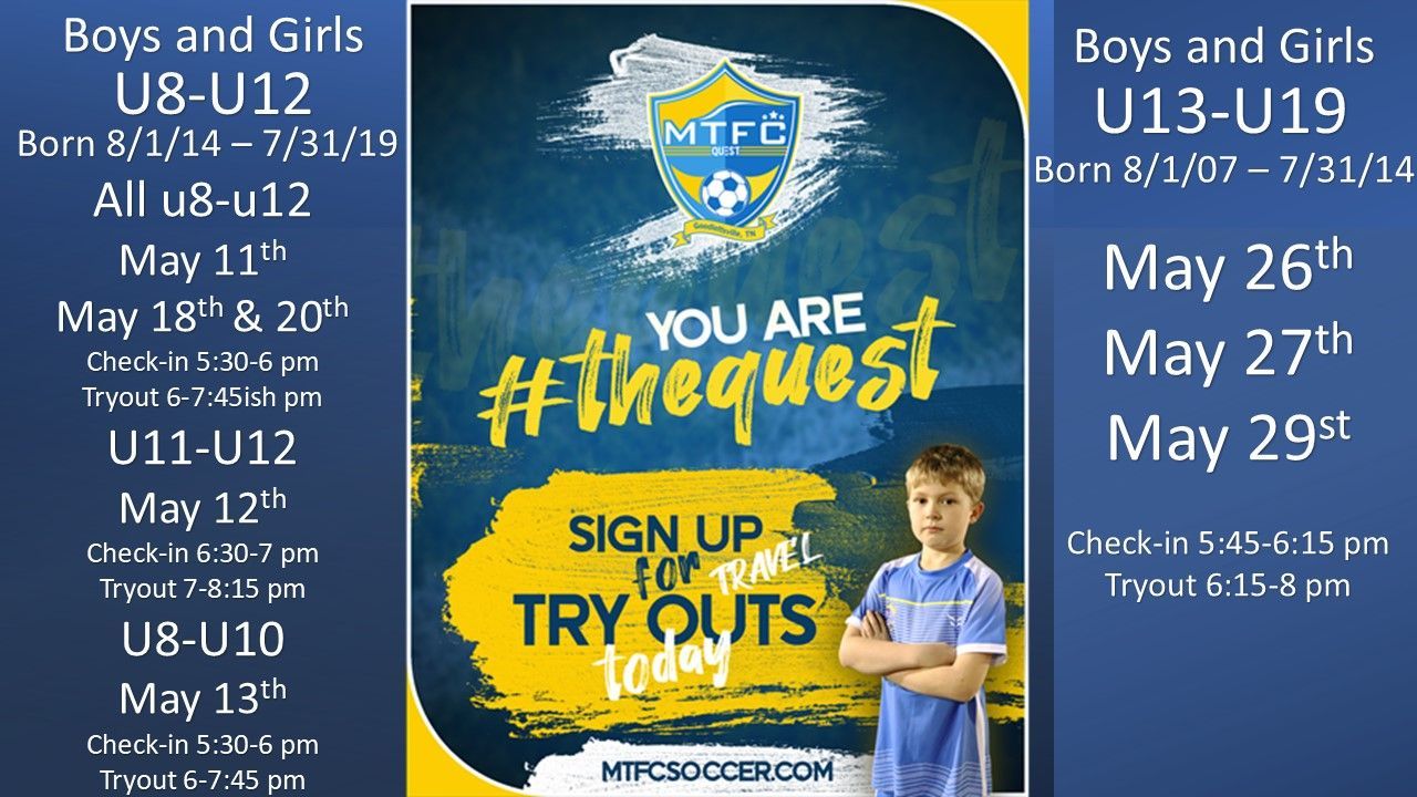Middle Tennessee Futbol Club flyer for tryouts for Quest Soccer